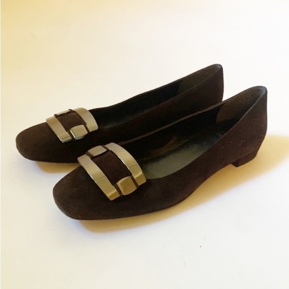 Stuart Weitzman Brown Suede Flats with Silver Metal Buckle Trim, Size 8 #281 - Picture 1 of 13